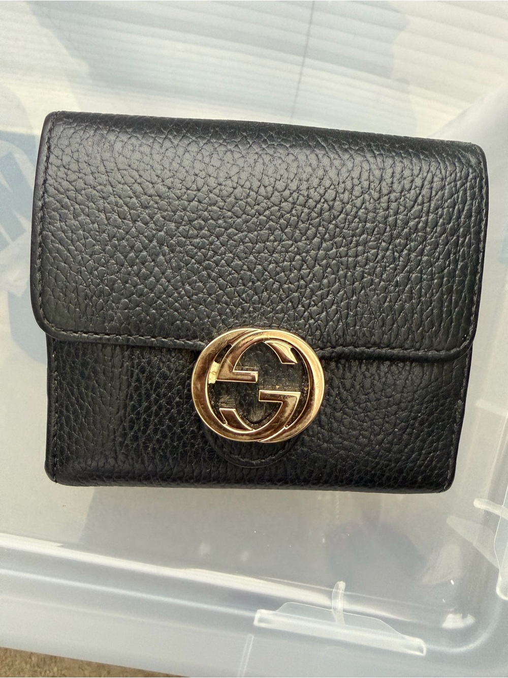 Gucci Black Pebbled Leather Wallet with Gold GG Emblem